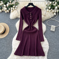 Celebrity niche styleclassy sense lapel fungus edgepatchworklong sleevesknittingdress women's autumn waist slimming looksweater skirt
