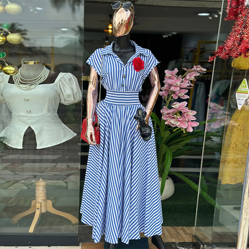 European and american cross-border women's spring  new arrival: elegant and chic striped high-waisted midi dress with turn-down collar and short sleeves