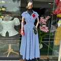 European and american cross-border women's spring  new arrival: elegant and chic striped high-waisted midi dress with turn-down collar and short sleeves