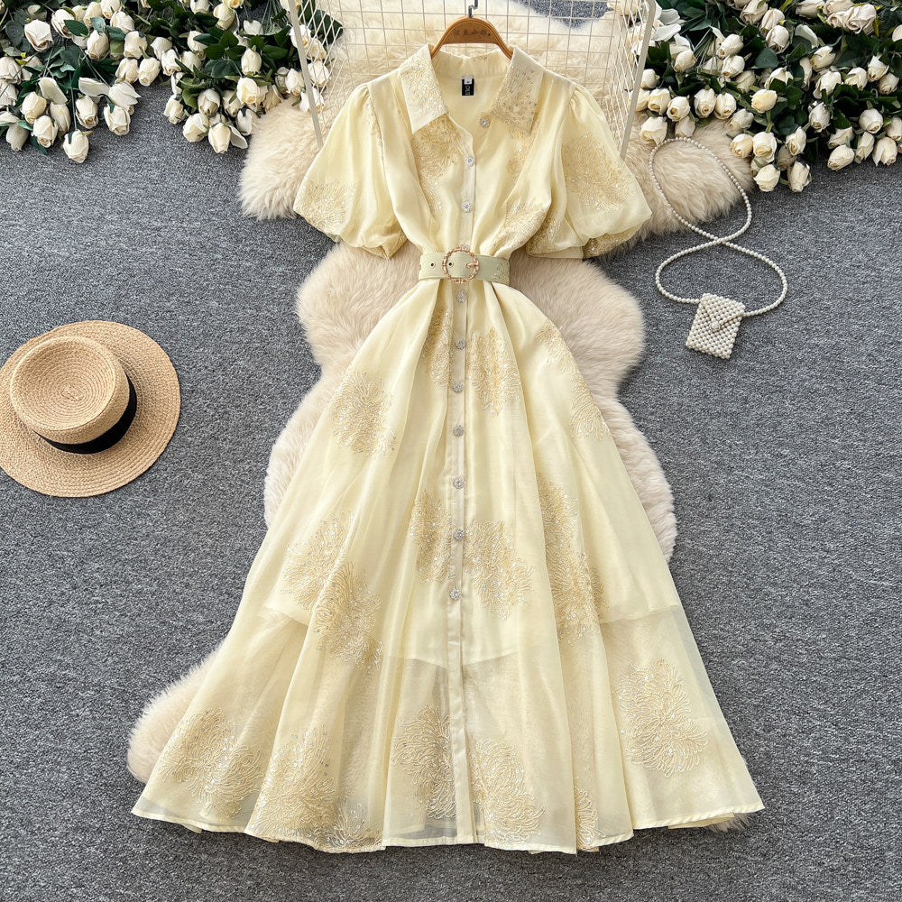 Korean style pink lantern sleeve mesh dress - women's summer sequin waist a-line elegant commute maxi dress