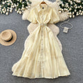 Korean style pink lantern sleeve mesh dress - women's summer sequin waist a-line elegant commute maxi dress