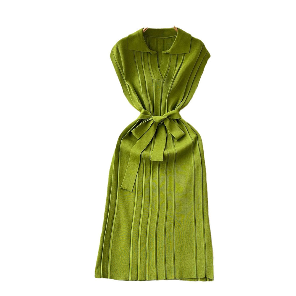 Summer dress women's tie back waist slimming lookelegantretropolo collar knitting skirt medium long sleeveless vest dress