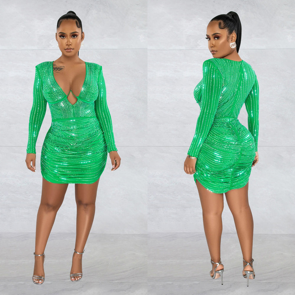 C6376 cross-border   fashion women's solid color mesh rhinestone temperament mini dress