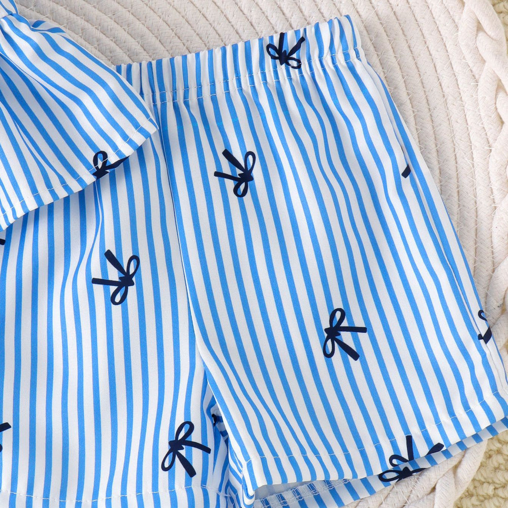 Baby girl blue and white pinstripe bowknot suspender top and shorts summer fresh outfit set