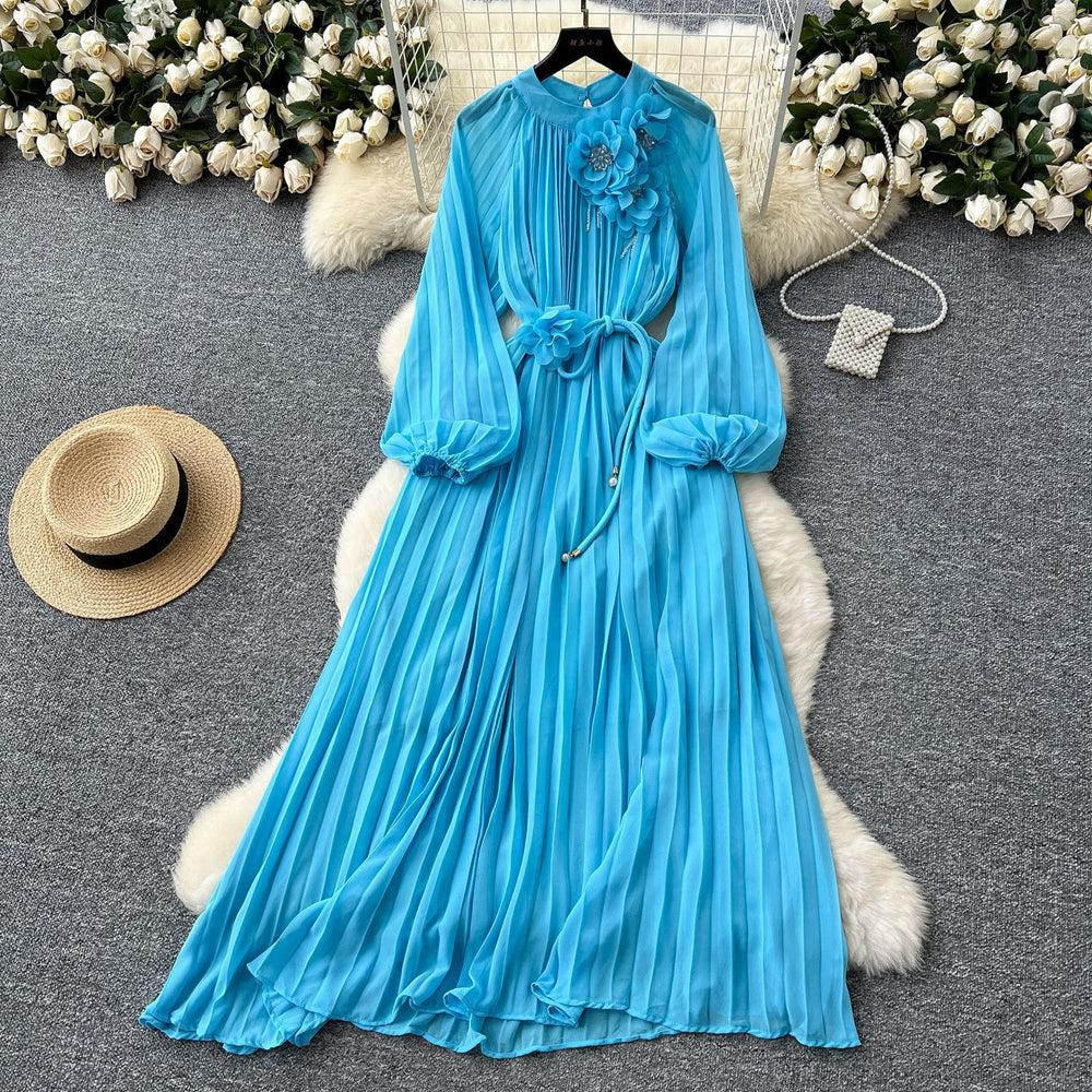 Frenchclassyelegancedress women's heavy industry beading stereo flower strap waist draped large swing pleated long skirt