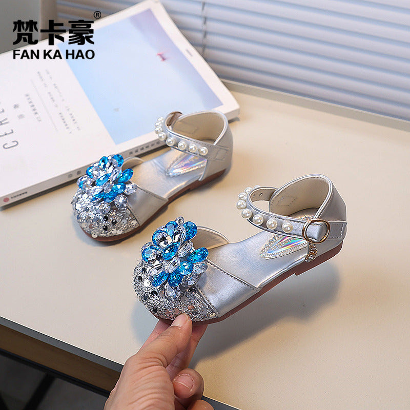 Vancahao niche design girls' rhinestone princess shoes,  spring/autumn new collection, kids' fashion pearl-embellished closed-toe sandals