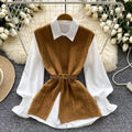 Korean style age-defying layered two-piece set: chic and versatile sleeveless slit knit vest with a stylish white long-sleeve shirt