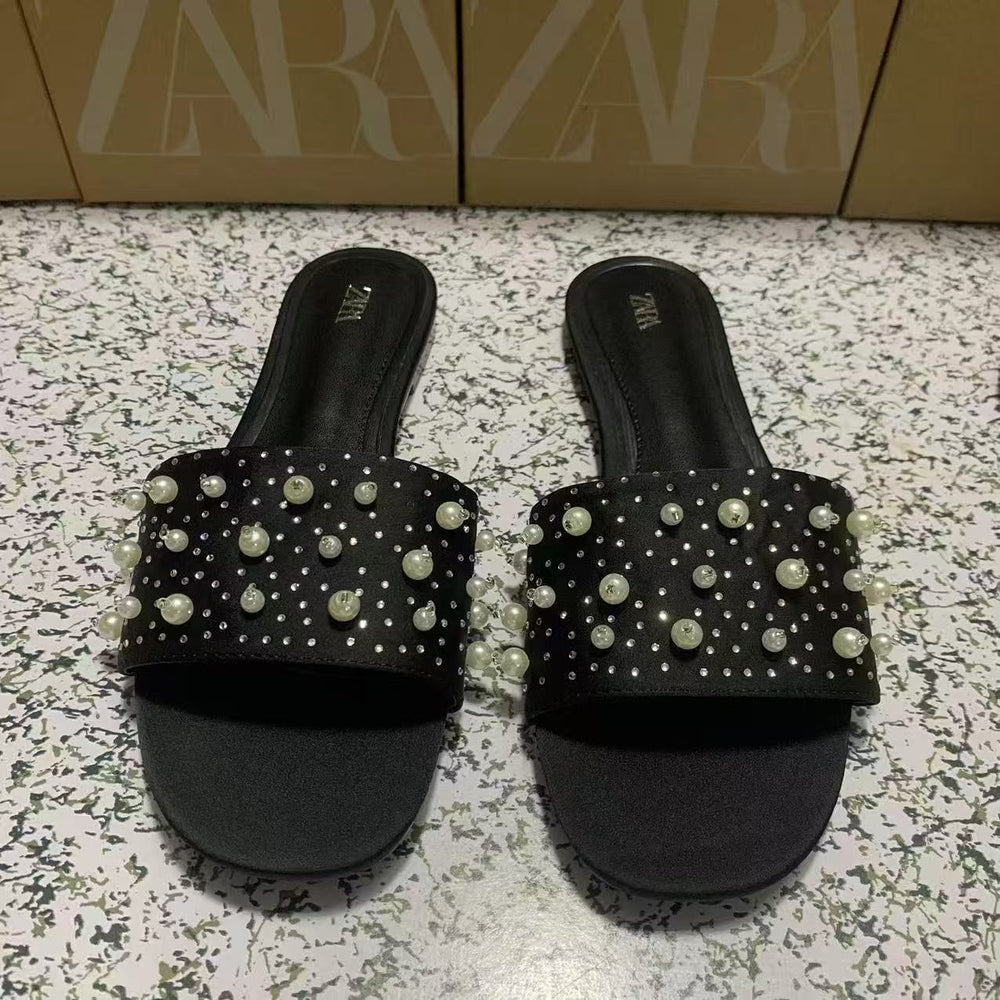 Za's 2025 new women's shoes - direct export, new metal stud flat sandals, square toe women's shoes, versatile style