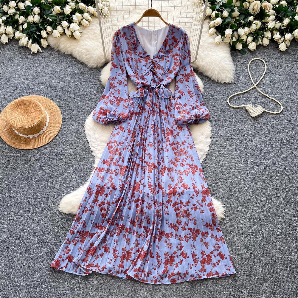 French-inspired v-neck lantern sleeve printed dress - spring floral korean style, slimming a-line maxi dress