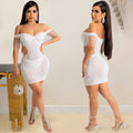 X5645 cross-border fashion sexy women's nightclub rhinestone mesh see-through off-the-shoulder tassel bandeau cutout dress