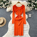 Korean style chic design v-neck zipper long sleeve slim-fit dress - women's autumn waist-cinching slit sweater dress