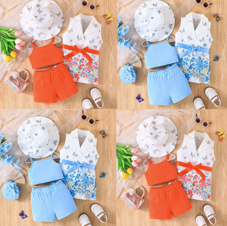 european and american new arrival: fashionable and trendy girls' 4-piece set - suit, hat, and shorts - cross-border exclusive girls' outfit