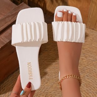 export women's summer new casual fashion flat sandals - plus size, one-strap, ruched, slip-on slides