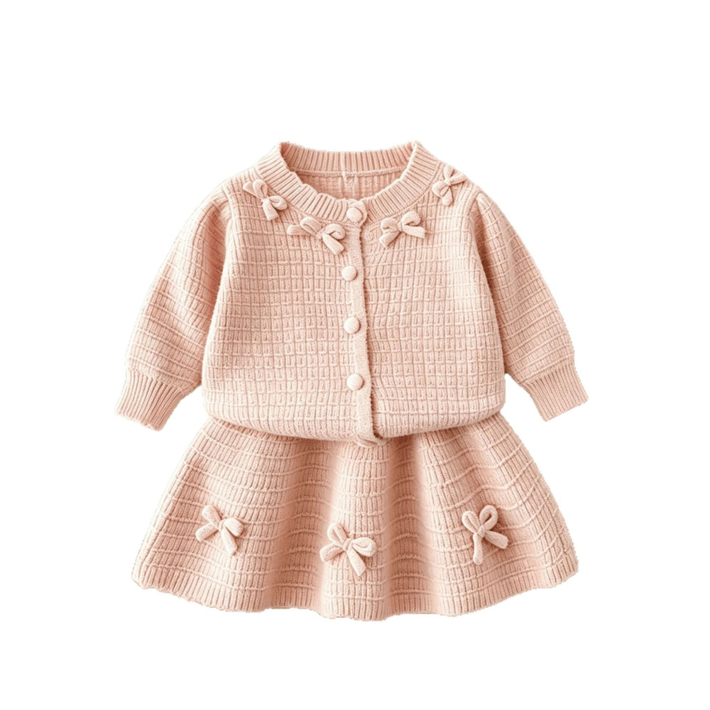Girls' autumn outfit : new sweet bow knitted sweater and skirt two-piece set for kids