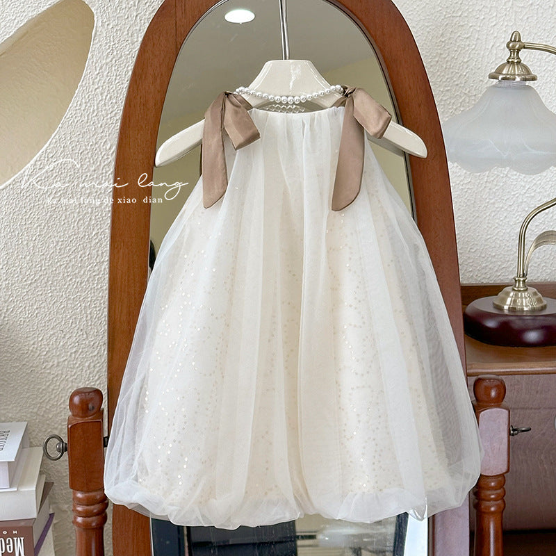 Girls' dress  summer new style chic sundress elegant baby girl floral bud sequin mesh skirt trendy
