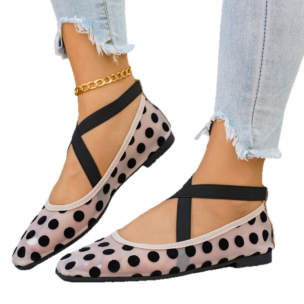 Exportfashion round toe shallow mesh polka dot one-piece buckle plus size 35-43 plaidflatsflats women's shoes