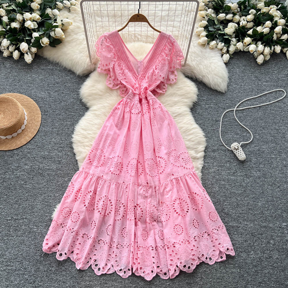 Vintage court style flutter sleeve dress - women's summer hollow-out crochet, high-end design, elegant socialite, light luxury maxi dress