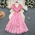 Vintage court style flutter sleeve dress - women's summer hollow-out crochet, high-end design, elegant socialite, light luxury maxi dress