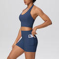 New arrivalnude halter back high waist hip pocketshorts yoga wear tight sports suit running fitness wear