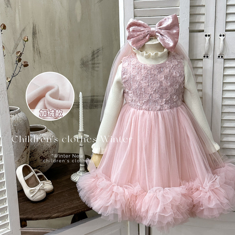 Girls' fleece-lined vest dress, chanel-inspired feather dress, birthday cake dress with veil