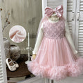 Girls' fleece-lined vest dress, chanel-inspired feather dress, birthday cake dress with veil