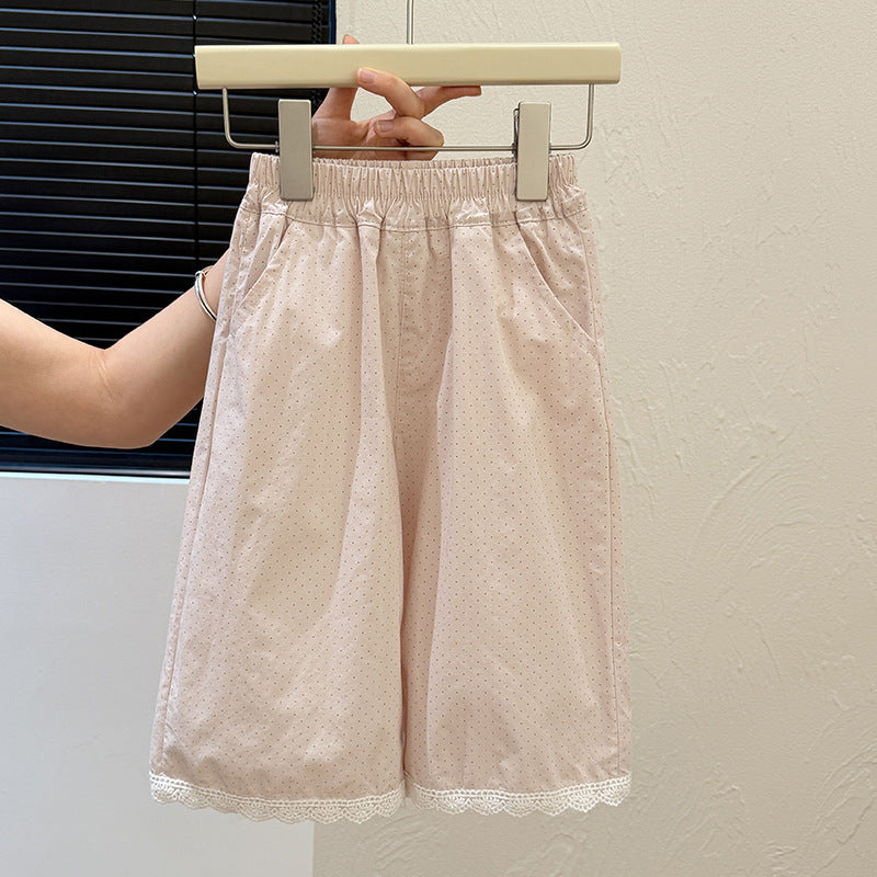 Girls' summer new polka dot pure cotton casual pants, baby girl's cropped pants, stylish and trendy children's pants, fashionable kids' clothing