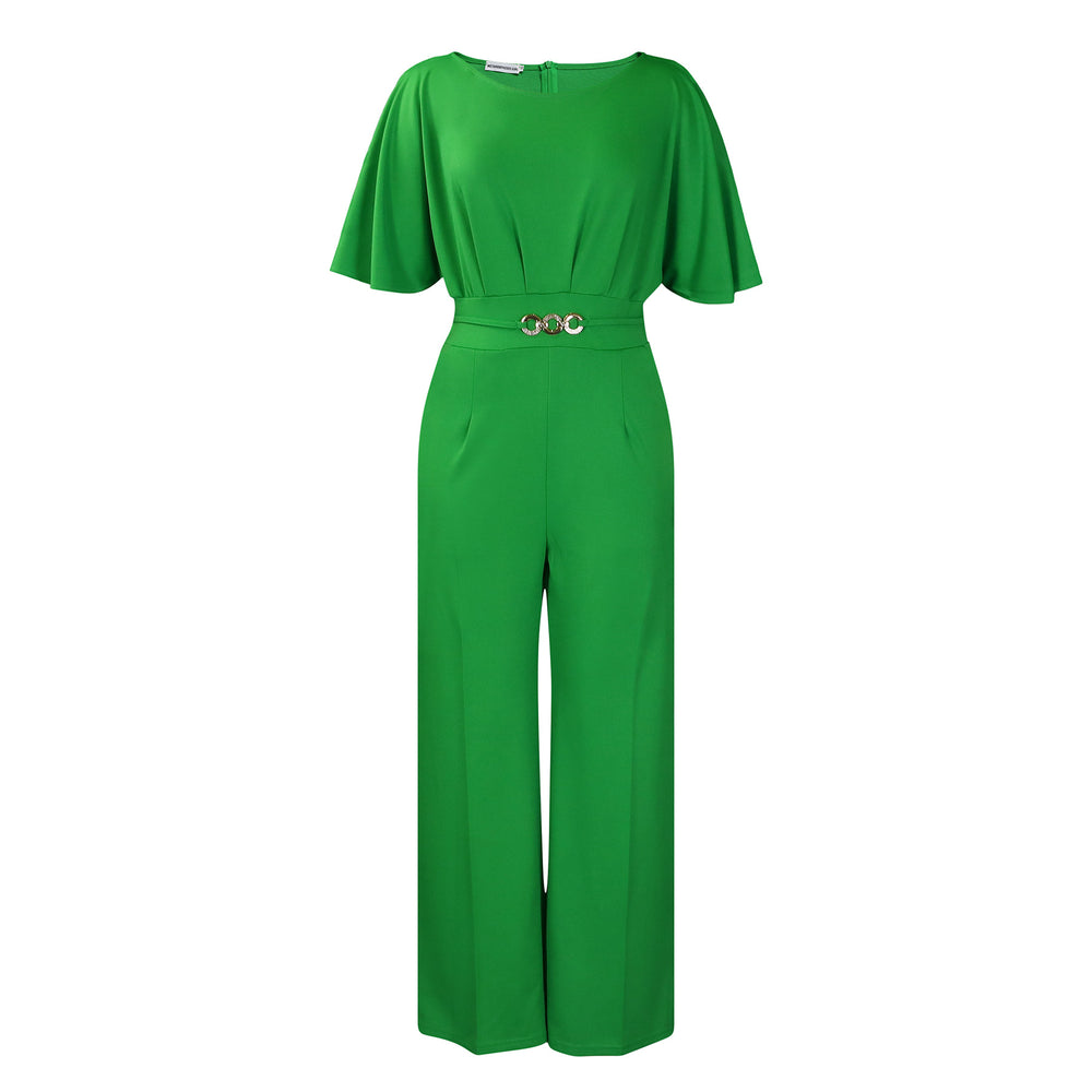 D3276  cross-border european and american women's summer fashion round neck solid color high waist plus size african wide leg jumpsuit