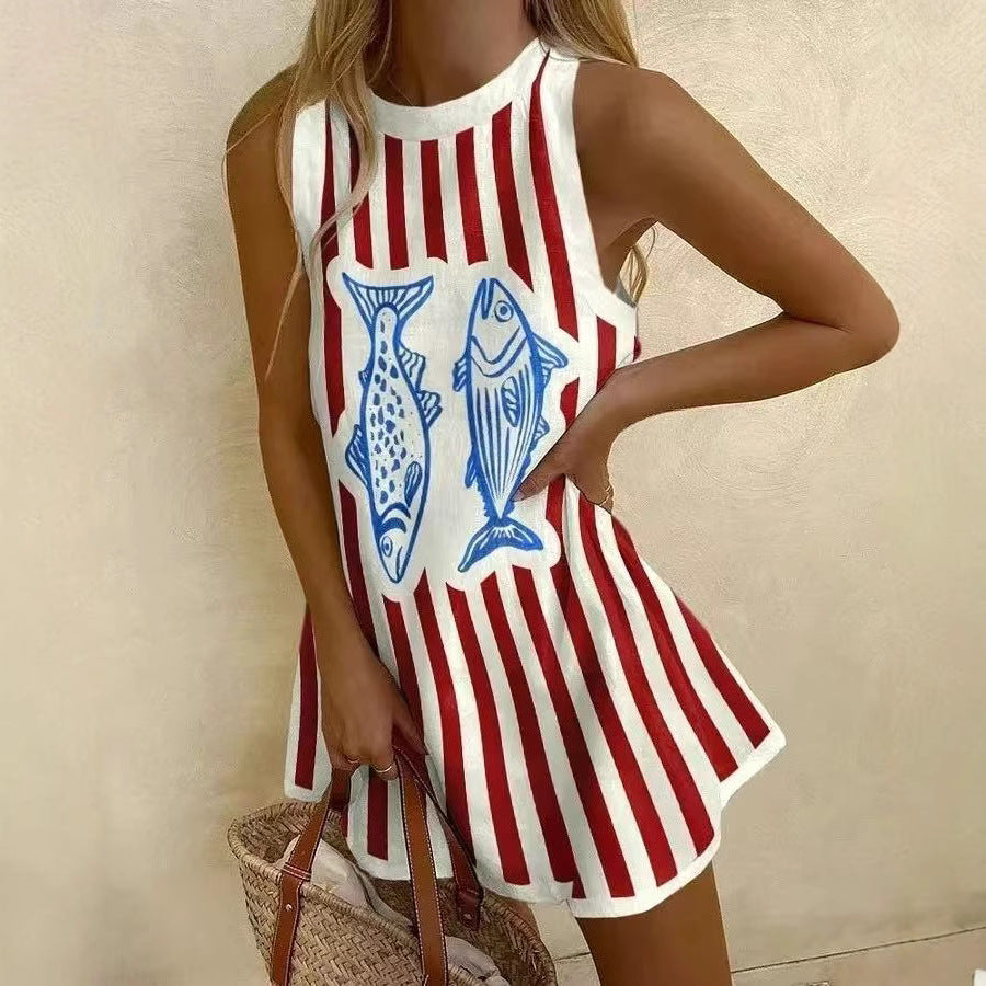 autumn new arrival: women's round neck sleeveless shirt, longline sweatshirt with ocean-themed casual design for independent e-commerce stores