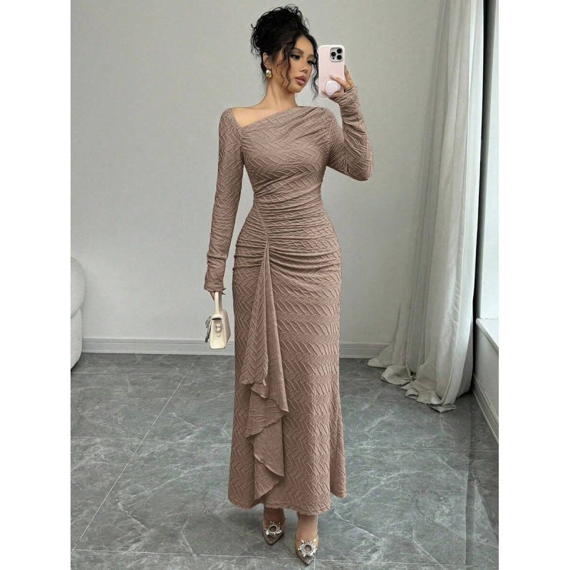 fashion  autumn new arrival elegance asymmetric slant neck waist ruffles long sleevesdress