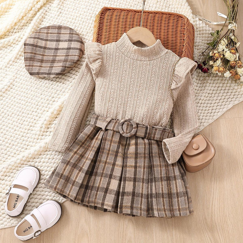 fashion children's clothing girl suitlong sleeves lace collar plaid pleated skirt belt beret suit 4-piece set
