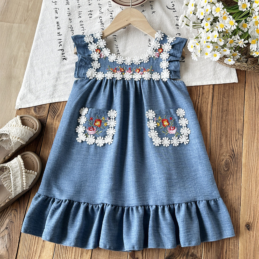 cross-border e-commerce vintage lace girls' dress - embroidered lace, small pockets, beach vacation dress