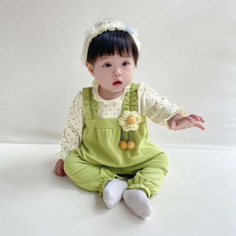 Baby girl's autumn outfit: polka dot & 3d floral long-sleeve romper - newborn infant clothes, super cute new style, trendy onesie