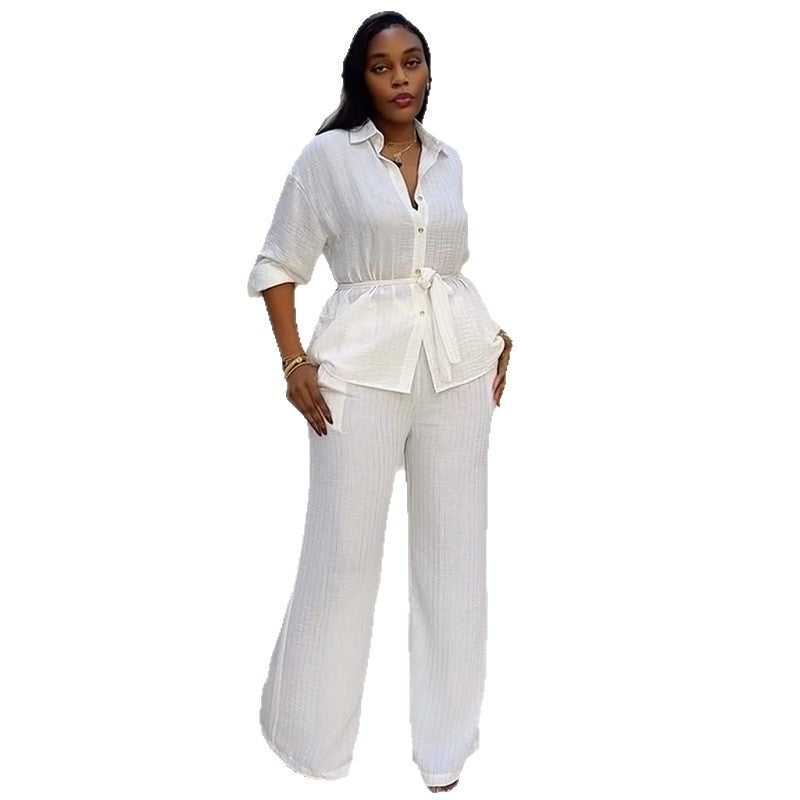 European and american style women's clothing  spring new collection: sweet and fresh turn-down collar single-breasted long sleeve blouse and high-waisted straight-leg pants two-piece set
