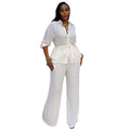 European and american style women's clothing  spring new collection: sweet and fresh turn-down collar single-breasted long sleeve blouse and high-waisted straight-leg pants two-piece set