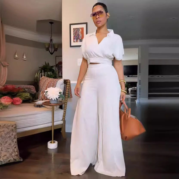 S10780 European and American solid color waist loose flared pants set two-piece set