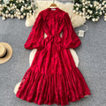 French court style dress - women's autumn collection  - new high-end design with tie waist, lantern sleeves, and lace maxi skirt