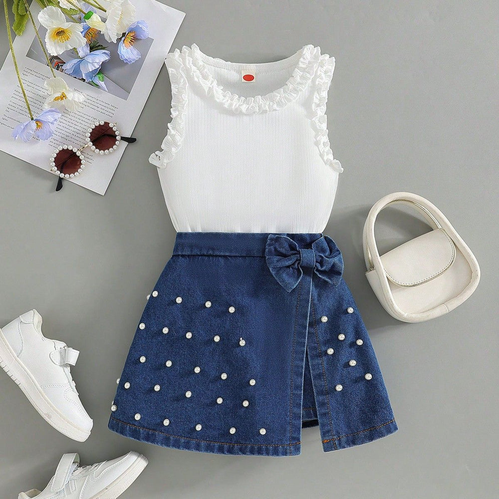new summer cross-border ruffle trim crew neck top & heavy-duty denim beaded skort set (two-piece)