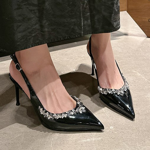 Wo chain rhinestone high heels women's stiletto pointed toe elegantfrenchflats one-piece patent leather toe sandals banquet
