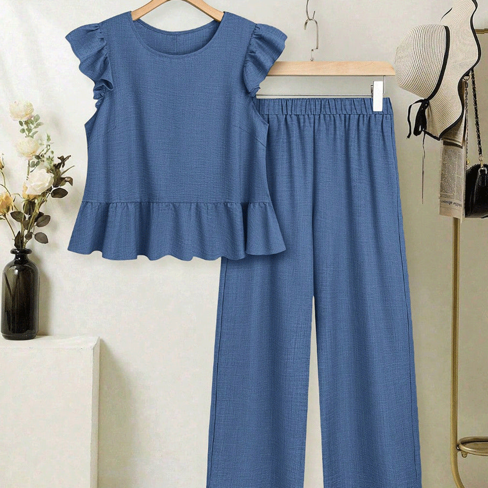 European and american cross-border women's short-sleeve set:  summer new arrival - stylish flutter sleeve top and wide-leg pants two-piece set