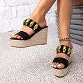 Women's chunky heel sandals - black metal accent, elegant slip-on casual sandals