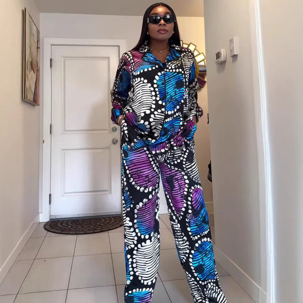 European and American women's casual printed cardigan large size shirt wide-leg pants women's African foreign style loose new two-piece set