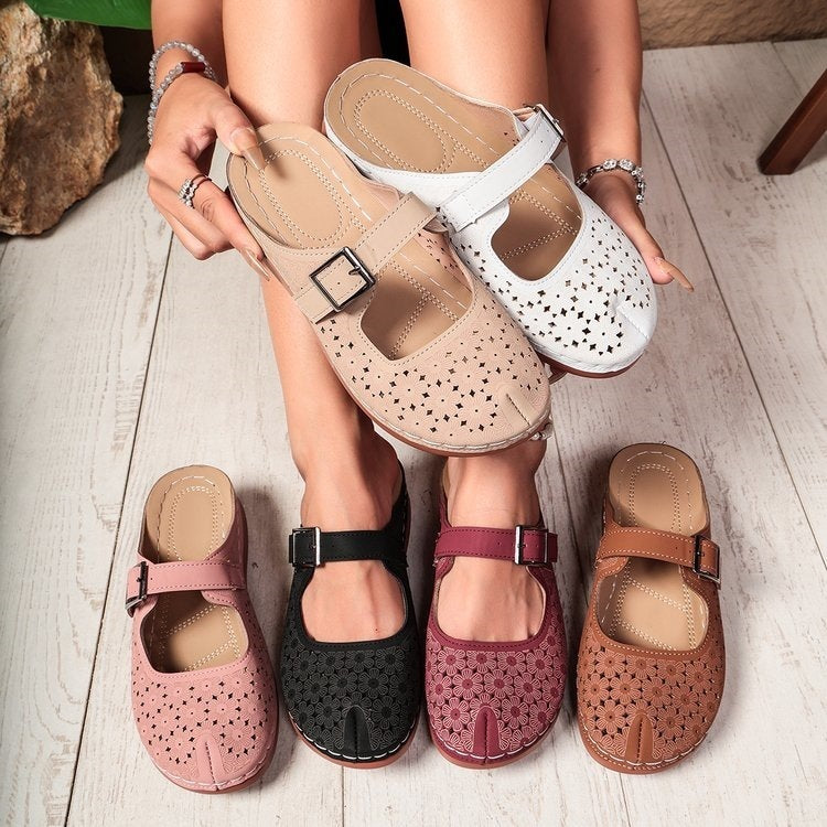 Exportnew arrivalplus sizecut out toe thick bottom slippers women's retro style buckle lazy back empty half slippers sandals wholesale