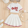 Girls' american style activewear set: white short-sleeve top with lettering and red trim, printed midi skirt - two-piece outfit for girls