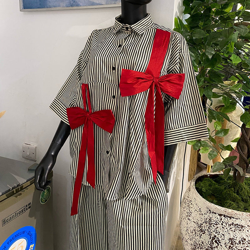 European and american cross-border women's fashion:  summer new collection - stylish patchwork bowknot striped short-sleeve shirt and wide-leg pants set