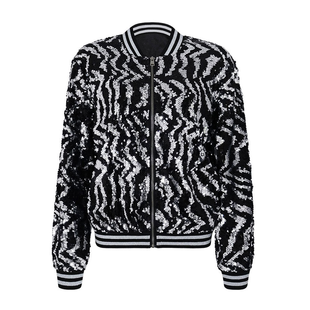 10391 Cross-border Europe, America,  autumn and winter women's clothing silver sequined long-sleeved baseball jersey