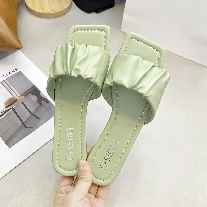 Flat-heeled slippers women's new summer 2020 Korean version outer wear fashion pleated sandals square head fairy style one-word slippers