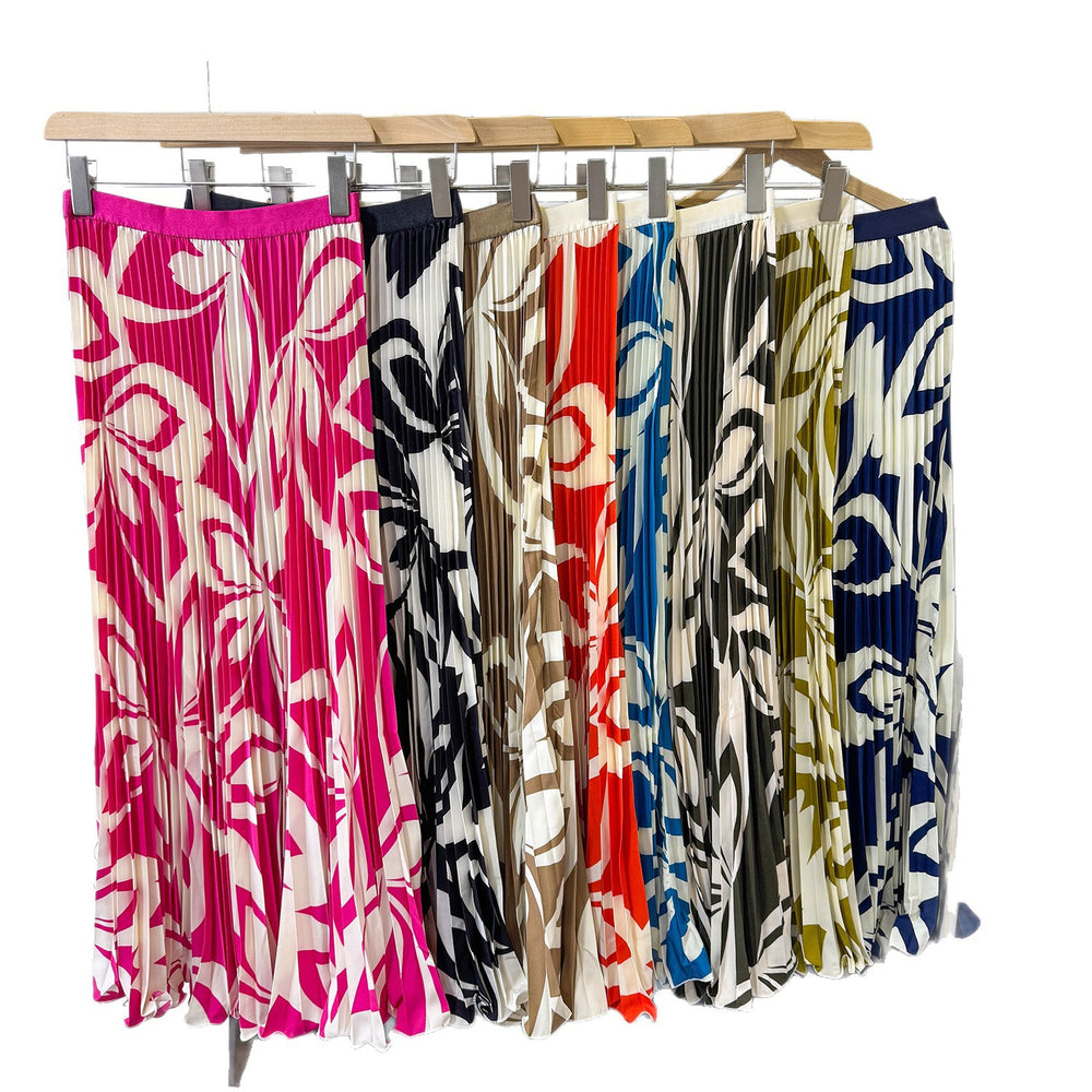 European and american style elegant pleated print midi skirt - high waist, slimming, flowy a-line skirt with elastic waistband - perfect for summer