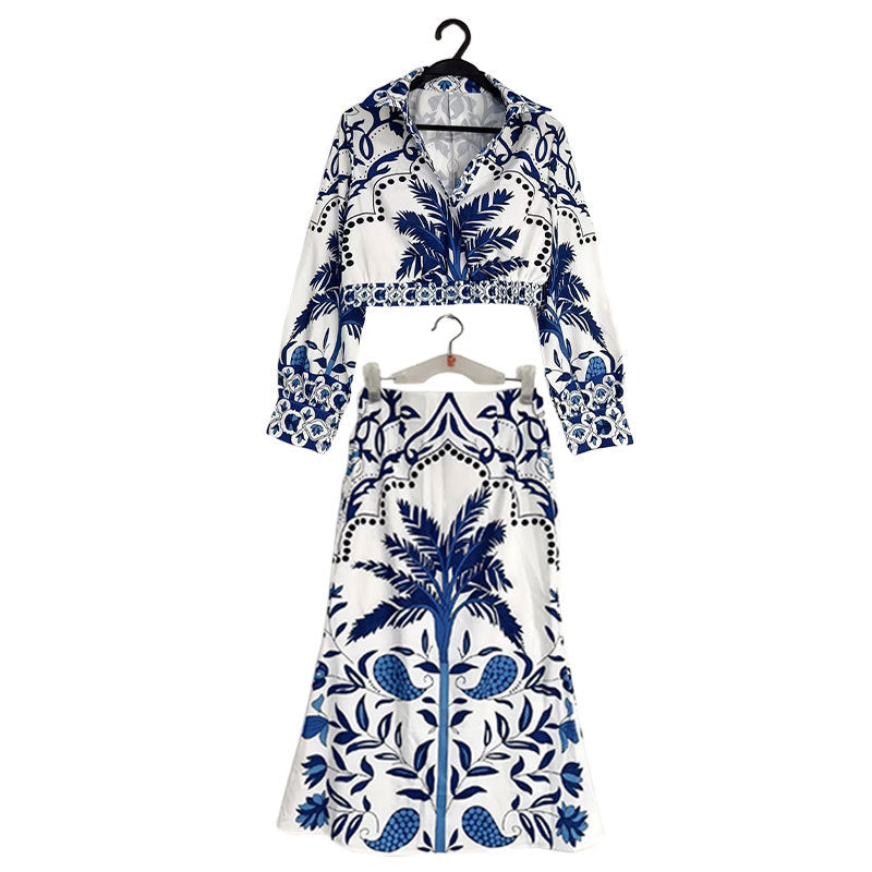 summer new women's clothing: cross-border european and american hot seller - fashionable printed v-neck irregular top and maxi skirt set