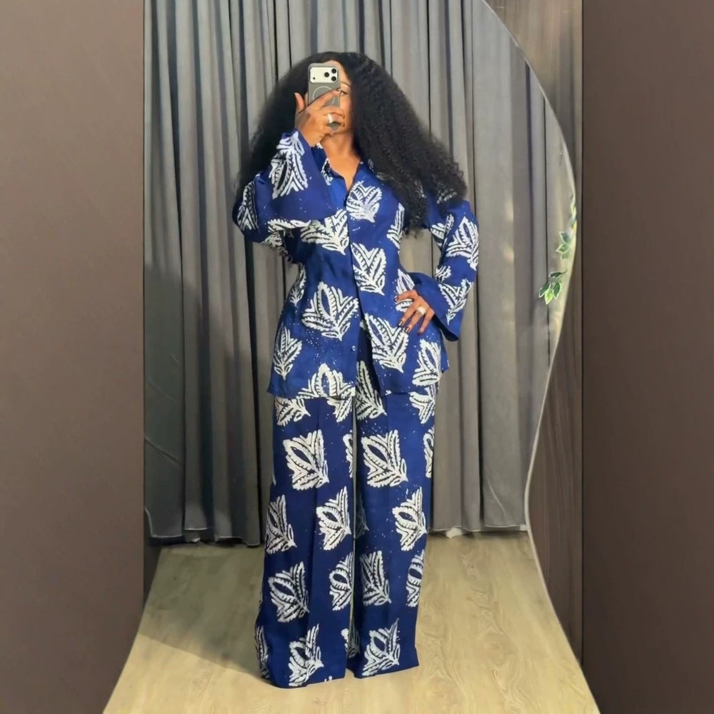 European and american cross-border women's fashion:  summer new collection - stylish printed long-sleeve shirred blouse and high-waisted wide-leg pants set