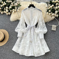 French high-end elegant women's dress - court style tie-waist, hollow-out embroidery, single-breasted a-line skirt